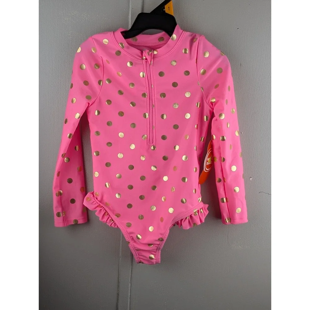 Wonder Nation Girls Pink Gold Foil Polka Dot Long Sleeve Rash Guard Swimsuit 3T